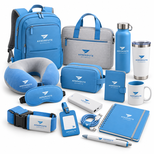 Ensemble cadeau d'entreprise : Sac à dos pour ordinateur portable bleu clair, sac fourre-tout, gourde isotherme, tasse en céramique, coussin de voyage, masque pour les yeux, porte-passeport, étiquette de bagage - Product Image 1
