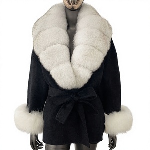 Manteau en laine pour femme, nouveau style luxe léger avec col en fourrure de renard, coupe courte haut de gamme avec ceinture <span class=keywords><strong>à</strong></span> nouer, manteau en laine chaud pour l'hiver, vente en gros - Product Image 5