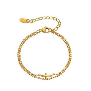 Pulsera de Cruz de Doble Capa de Acero Inoxidable 316L y Oro de 18K para Mujer, <span class=keywords><strong>Cadena</strong></span> con Cuentas y Cruz Lateral, Joyería Impermeable, Regalo - Product Image 1