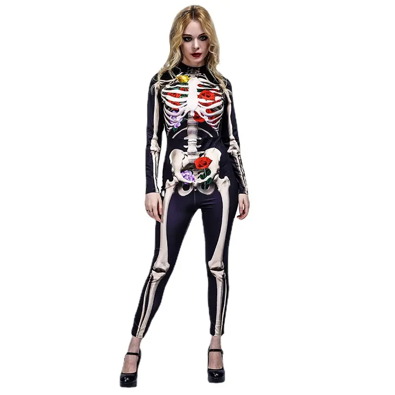 Funmulaire Vrouwen Uniek Skelet Met Rose Jumpsuits Outfits Kleding Voor Halloween Oem/Odm