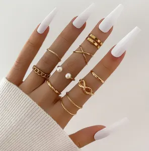 Hot Sale Punk Gold Wide Chain Ring Set 9 Pieces Fashion Thin Rings Irregular Rings