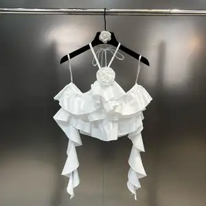 Verão elegante Halter Ruffle 3D Flor Chiffon Branco Top Colheita Femme Sexy Tanque Colheita Tops