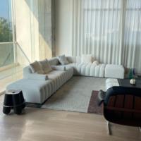 Canapé d'angle en tissu bouclé de style nordique, en forme de L, éco-responsable, durable, pour hôtel et villa, avec structure en bois massif