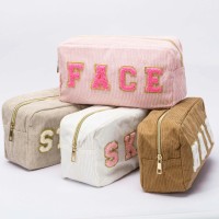 Trousses de Maquillage Préppy en Chenille avec Lettres, Sacs de Rangement en Coton Côtelé, Étuis Cosmétiques Zippés pour Femmes, Trousse de Toilette de Voyage