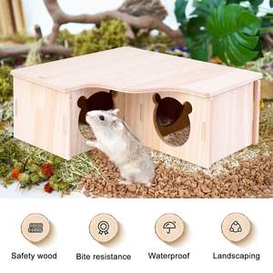 บ้านหนูแฮมสเตอร์ไม้ วิลล่าสองชั้น สีธรรมชาติ รังสัตว์เลี้ยงอเนกประสงค์สำหรับสัตว์ขนาดเล็ก รูปทรงสี่เหลี่ยมผืนผ้า - Product Image 2