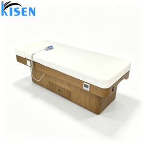Lit de massage électrique réglable Kisen Modern avec structure en bois et revêtement en cuir PU chauffant et imperméable, doté d'un espace de rangement. - Product Image 1