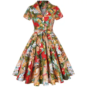 Abito Vintage da donna retrò anni '60 anni '60 altalena estiva A Line camicia abito manica corta hawaiano stampato floreale Pinup abito Rockabilly