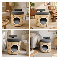 Mobilier de luxe pour chien et chat en bois massif, avec lit pour animaux et tabouret, découpes florales pour la ventilation, coussin en peluche doux amovible et lavable, 2-en-1, espace de repos et de vie