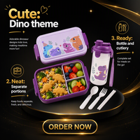 Lot de boîtes à lunch et gourdes en plastique portables pour enfants, motif dinosaure de dessin animé, idéal pour l'école, la maternelle et les pique-niques - Vente en gros usine