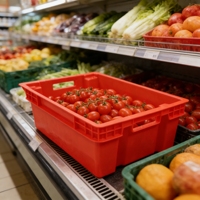 Caisse en plastique rouge empilable et réversible JOIN pour l'affichage des produits frais en supermarché et la logistique alimentaire