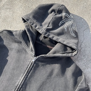 เสื้อฮู้ดดี้วินเทจทรงหลวมสไตล์ Y2K ผ้าเฟรนช์เทอร์รี่ฟอกสี ซิปหน้า แต่งคริสตัล - Product Image 3