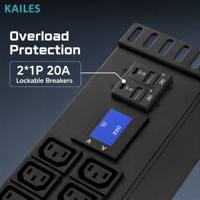KAILES (KLS) Série KLS-K33 Bloc d'alimentation vertical (PDU) à 20 prises, 7680W, avec affichage de la tension et du courant, entrée 32A, personnalisable