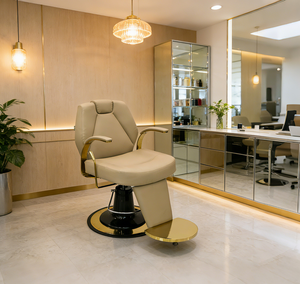 Silla de Estilismo Moderna de Lujo para Salón 360 °   Sillón de <span class=keywords><strong>Barber</strong></span>ía Giratorio con Elevación Hidráulica y Tapicería de Cuero Genuino para Salón de Belleza - Product Image 2