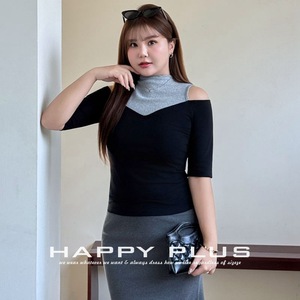 เสื้อถักคอวีสีดำแบบมีบล็อกสี แบรนด์ Runqi แขนกลาง ไซส์พลัส สำหรับผู้หญิง สวมใส่ได้ทุกวัน - Product Image 5