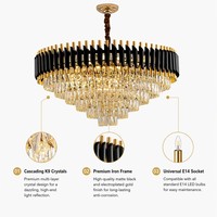 Lustre en cristal noir et or de luxe, lumière blanche chaude, décoration intérieure élégante, salon, lampe suspendue E14, économie d'énergie