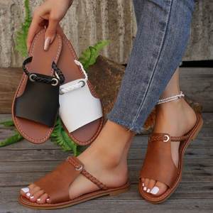 2025 European American Women's Woven Beach <b>Slippers</b> Solid Color Plus Size Outer Wear Sandals With PU Insole for <b>Summer</b> - Product Image 1