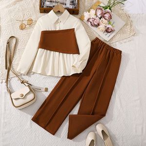 Ensemble <span class=keywords><strong>Fille</strong></span> Automne Décontracté Imprimé Col Revers Manches Longues Assortiment de Couleurs Chemise <span class=keywords><strong>Veste</strong></span> et Pantalon Large Deux Pièces 8-12 <span class=keywords><strong>Ans</strong></span> - Product Image 1