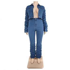 Otoño e Invierno Tallas grandes Ropa de mujer Abrigo de mezclilla de manga larga y conjunto de pantalones de dos piezas apilados - Product Image 2