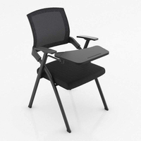 Chaise de formation pliante ergonomique et respirante en maille verte avec dossier, cadre métallique, tablette d'écriture, accoudoirs fixes, design moderne pour conférence