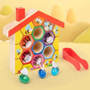 Wooden Children's Montessori Educational Clip Le Beehive Game Early Education Puzzle Color Cognition Clip Burt's Bees Toy