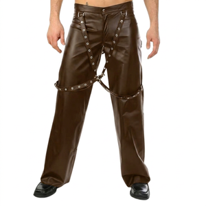 Men's Brown Genuine Leather Pants Eco-Friendly Breathable Polyester Fabric High Waist Zipper Fly Lightweight Casual Style - Product Image 1
