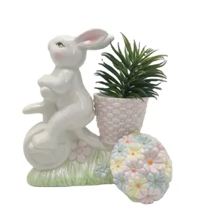 Pots de jardinières de lapin en céramique peint à la main pour pâques, printemps 2024 avec plantes artificielles