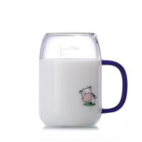 Tasse à lait en verre pour enfants, motif animal de dessin animé, résistante à la chaleur, avec poignée, marquages de mesure, compatible micro-ondes, sans couvercle, pour la maison