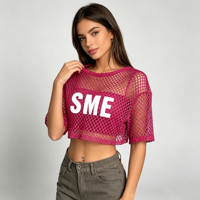 Kaos Rajut Wanita Model Crop Berjaring Transparan Lengan Pendek, Tersedia Berbagai Warna