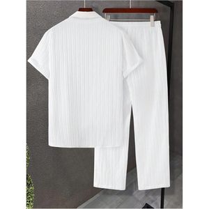 FOXA Men's 2 Piece Cotton Shirt Set Short Sleeve Button <b>Down</b> Drawstring <b>Pants</b> Breathable Vacation Outfits - Product Image 2