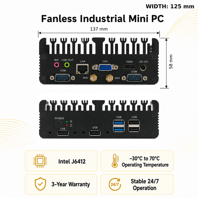 Used Intel J6412 Fanless Industrial Mini PC DC 12V RTL8111H LAN M.2 2280 NVME RS485+RS232 VGA SATA3.0 DDR4 3200MHz 4GB/8GB RAM