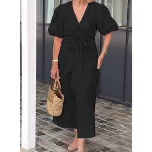 เดรสผ้าฝ้ายแขนพองผูกโบว์คอวีแฟชั่นใหม่สำหรับผู้หญิง - Product Image 3