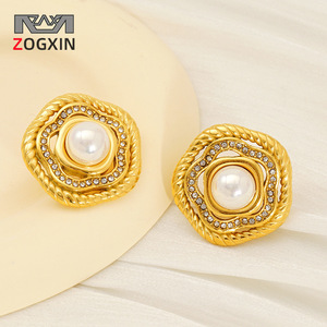 Zogxin Gold Stud Earrings With Pearl And Zircon Geometric Design For Women Everyday Wear - Product Image 1