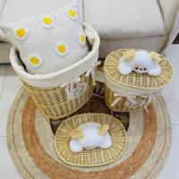 Ensemble de 4 paniers à linge en osier pour enfants Matériau naturel et écologique Construction robuste Jouets en peluche-Paniers de rangement avec couvercle ornés