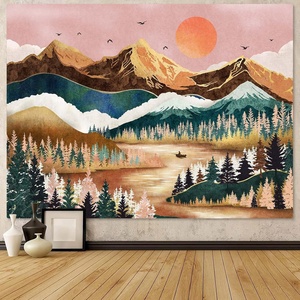 Art mural décoratif intérieur bohème écologique, motif abstrait de montagne au coucher du soleil sur un arbre de forêt naturelle - Product Image 1