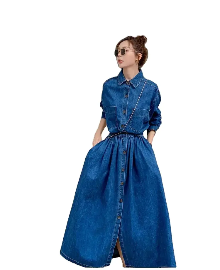 Elegant Style Long Denim Dress With Waistband Collar And Lapel For Outfit Time