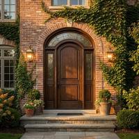 Porte d'entrée en bois massif cintrée avec transom et panneaux latéraux décoratifs, coupe-vent et étanche aux intempéries, pour villa et maison
