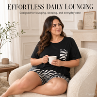 Ensemble de pyjama grande taille pour femmes, imprimé zèbre, 2 pièces, t-shirt à manches courtes et short en polyester, vêtements de détente, OEM personnalisé
