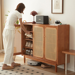 <span class=keywords><strong>Zapatero</strong></span> moderno de madera maciza con puerta de ratán <span class=keywords><strong>Color</strong></span> cereza muebles de sala de estar para apartamento pequeño almacenamiento en el hogar - Product Image 4