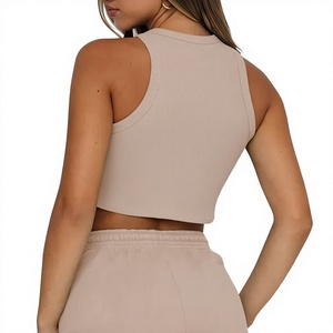 Ensemble 2 pièces côtelé respirant pour femme, col rond, crop top et short taille mi-haute, vente en gros, commande OEM, faible MOQ - Product Image 3