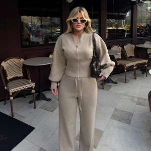 Ensemble décontracté transfrontalier 2026 Automne/Hiver – Haut tricoté uni zippé coupe ajustée et pantalon taille haute à jambes larges – Ensemble deux pièces - Product Image 4