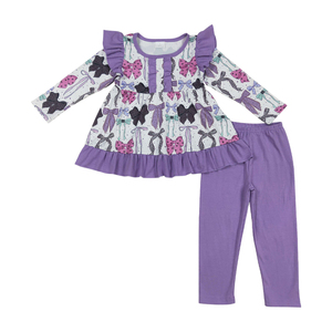 ชุดเสื้อผ้าบูติกสำหรับเด็กผู้หญิงกางเกงขายาวสีม่วงโบว์สีดำสำหรับวันฮาโลวีน - Product Image 2
