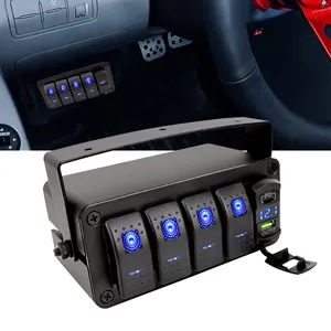 12V 4 Gang Rocker Switch Box ON/OFF Blue LED Switch Panel Box with PD Type C QC 3.0 USB Charger Voltmeter for RV Car Boat