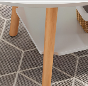 Table basse vintage en cuir, ovale, en chêne clair, minimaliste, à deux niveaux, avec étagère de rangement et pieds en bois évasés, moderne - Product Image 3