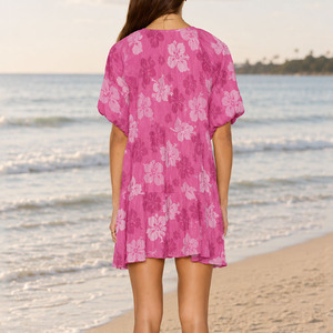 Vestido Casual de Lujo con Estampado Hawaiano, Hombros Caídos y Botones al Frente, 100% Lino y Algodón de Alta Calidad, Estilo Playero, Personalizable (OEM) - Product Image 3
