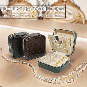Boîte à bijoux de voyage en cuir PU texturé gaufré, étui à bijoux portable avec fermeture éclair et miroir pour bagues et boucles d'oreilles - Product Image 2