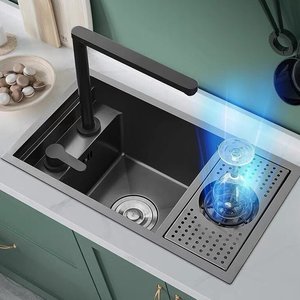 Fregadero de Cocina de Acero Inoxidable Nano 304 Negro Mate con Enjuagador de Vasos, Fregadero Individual Bajo Encimera Tipo Workstation para Cocina Doméstica - Product Image 1