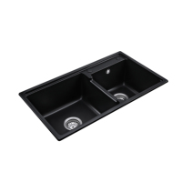 Évier de cuisine moderne en quartz noir mat de 30 pouces, double bac, à deux trous, pour montage en surface, OEM ODM