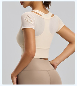Women Mesh 2 In 1 Short Sleeve Yoga Crop Top with Built In Bra <b>Pads</b> Breathable Gym Workout Top <b>Running</b> Sports Fitness Shirt - Product Image 4