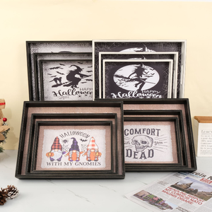 Ensemble de 3 plateaux décoratifs en bois pour Halloween <span class=keywords><strong>Plateau</strong></span> de service pour la décoration intérieure Plateaux de table de style bohème Solution de rangement facile - Product Image 2