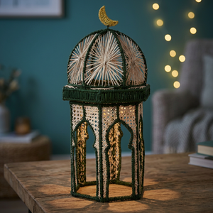 Lanterne Ramadan faite à la main, décoration géométrique de style bohème, décoration de table d'intérieur, tons verts et naturels - Product Image 2